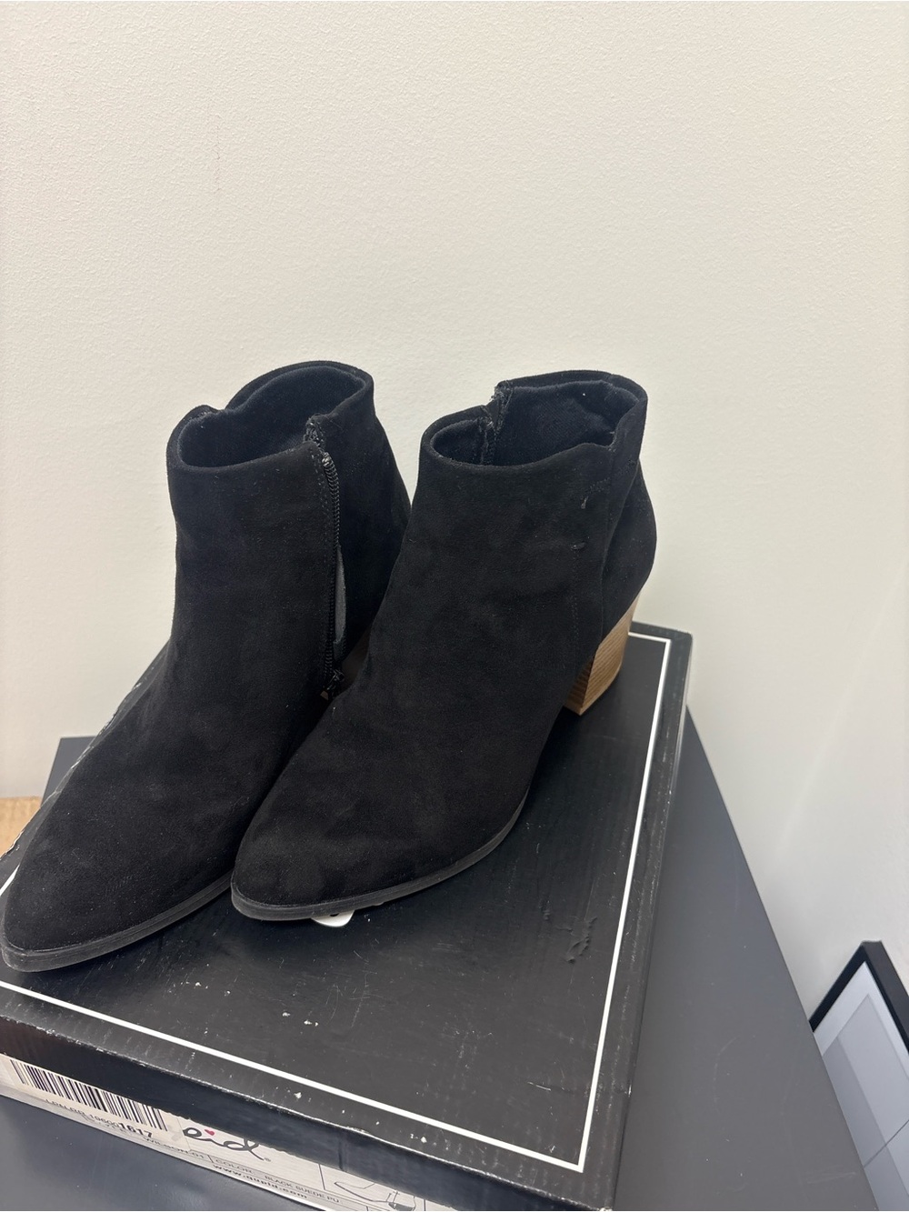 Qupid Black Suede Ankle Booties with Wooden Block Heel